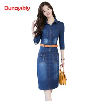 

New 2019 Spring Dress Women Three Quarter Sleeve Bodycon Jeans Dress With Belt High Quality Pockets Denim Dresses Women vestidos