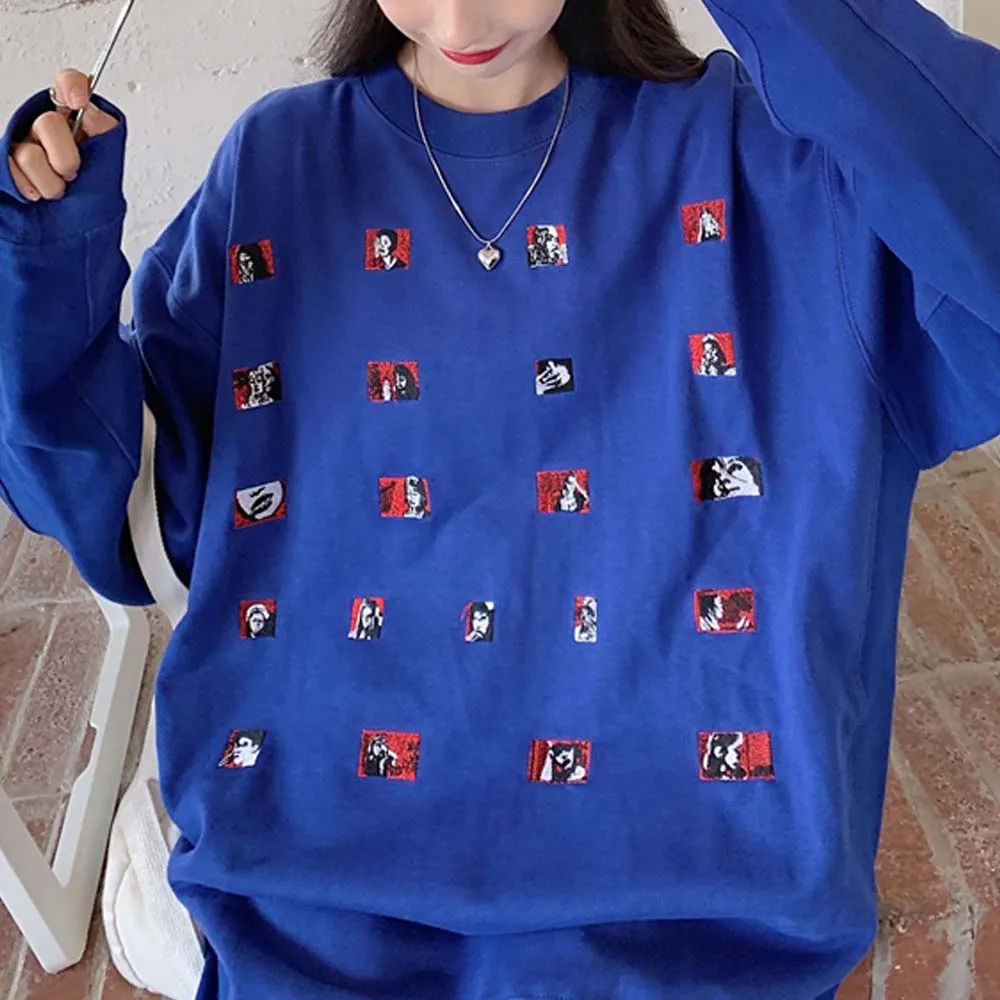 Oversized Sweatshirt Women Autumn Korean Embroidery O-neck Shirt Men Plus Velvet Thickening Outer Loose Tops | Женская одежда
