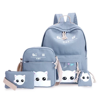 

4PCs/Set Fashion Nylon Backpack School Bags For Teenagers Girl Female Bagpack Cute Femme Cat Printed Canvas Backpacks Children