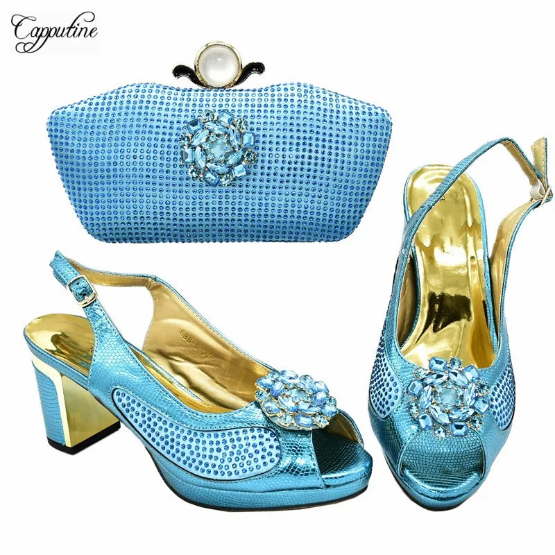 Charming party sets African sandal shoes matching with evening bag set for lady 688-9in sky blue heel height 8cm | Обувь