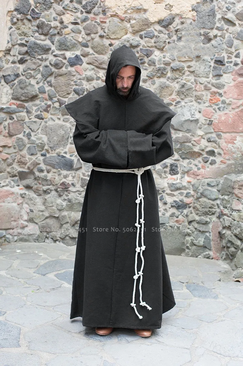 Kopen Halloween Middeleeuwse Friar Priester Retro Hooded Mantel Monnik Sorcerer Wizard Losse Gewaad Gown Wizard Cowl Gebed Party Cosplay Kostuum