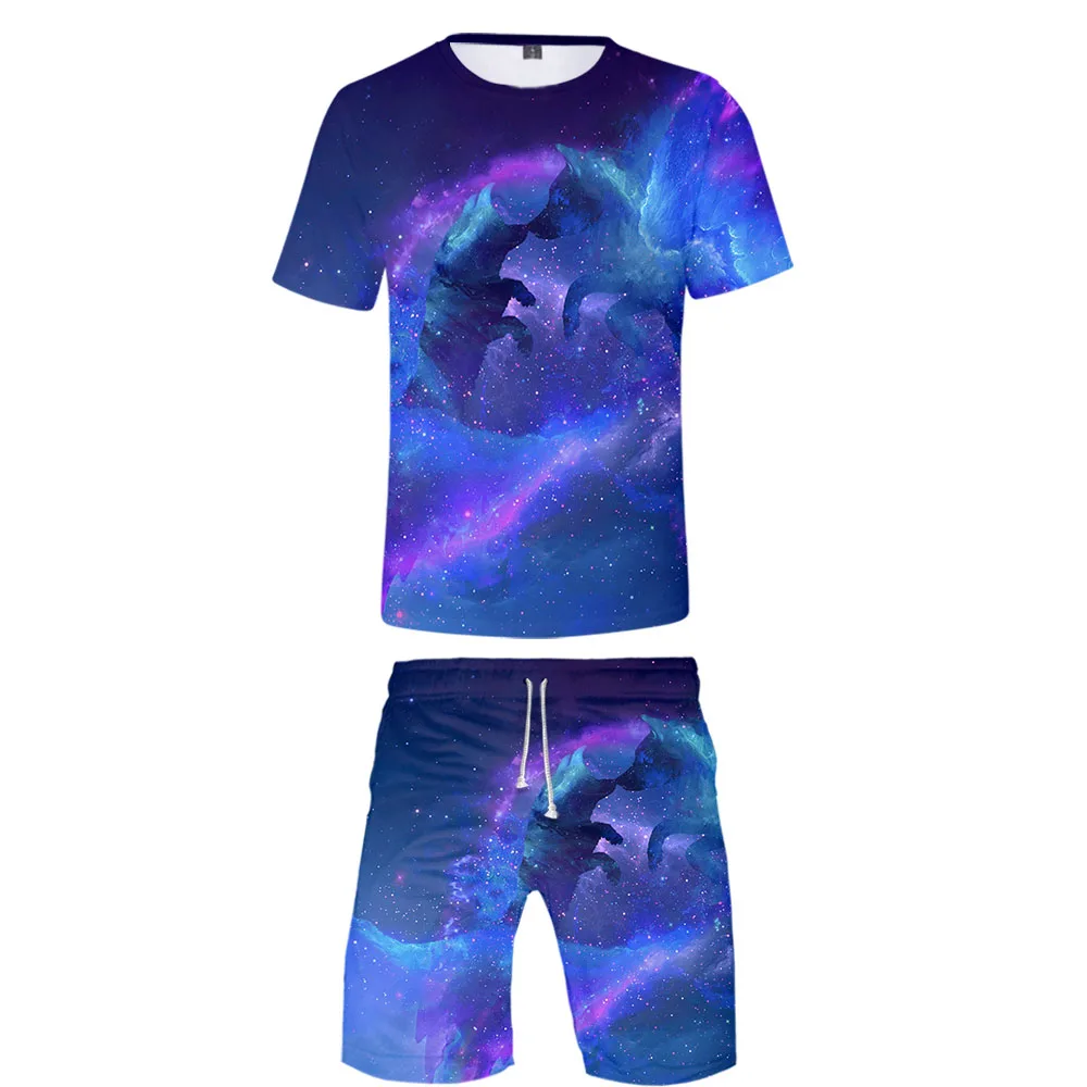 Galaxy wolf, комплект из двух предметов, футболка и шорты, Harajuku, Мужская футболка с волком, уличная одежда, harajuku, короткий рукав, размера плюс, уличная одежда