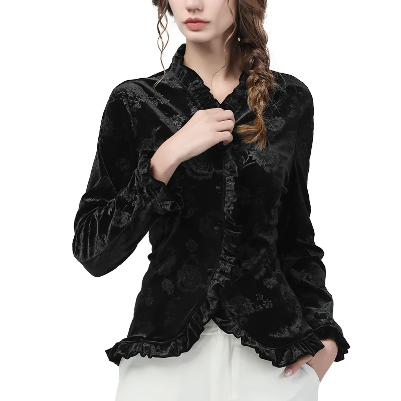 Vintage French Style Women Velour Shirts 2020