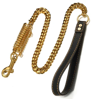 

39" Curb Chain Stainless Steel Walking With Damping Spring Safety Training Anti Lost Dog Leash Large Pet Traction Rope Lead
