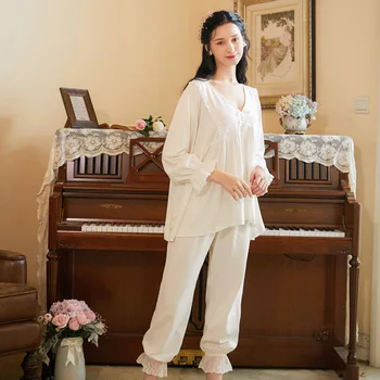 

Autumn Fashion Long-sleeve Pajamas-set Women V-neck Ruffle Solid Pyjamas Stitching Plus Size Loose Trousers Homewear 2pcs-sets