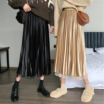 

2020 Spring Korean Splice Lace Mesh High Waist Wear Both Sides Pleated Skirt Women Casual Mid A Line Skirts Woman Clothes D768