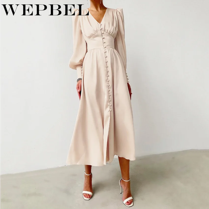 WEPBEL женские элегантные весенние атласные вечерние платье дамы с длинным рукавом