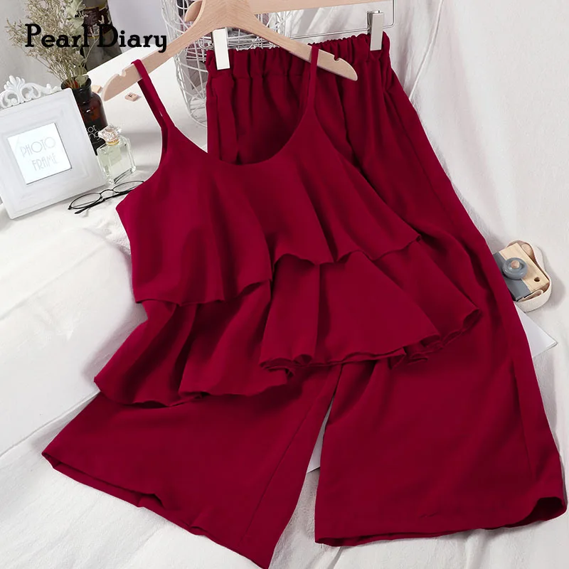 Pearl Diary Women 2 Pieces Outfits Crop Ruffle Cami Top Spaghetti Camisole Wide Leg Casual Trousers Solid Color Sweet Co ords мода bandana cami кроп топы для женщин все соответствующие безрукавные трубчатые топы асимметричный camisole любовь сердце танк топы