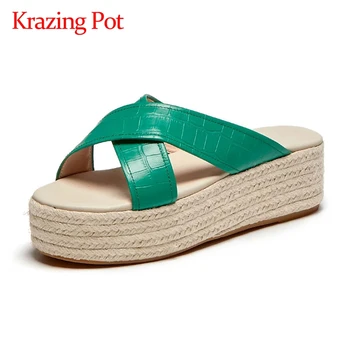 

Krazing pot korean girls gingham real leather peep toe high heel summer shoes slip on beauty lady daily wear sandals women L38