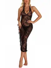 New Ladies One-Piece Deep V-Neck Halterneck Pajamas Sexy Lace Split Long Mesh Dress Babydoll Nightdress With Thong
