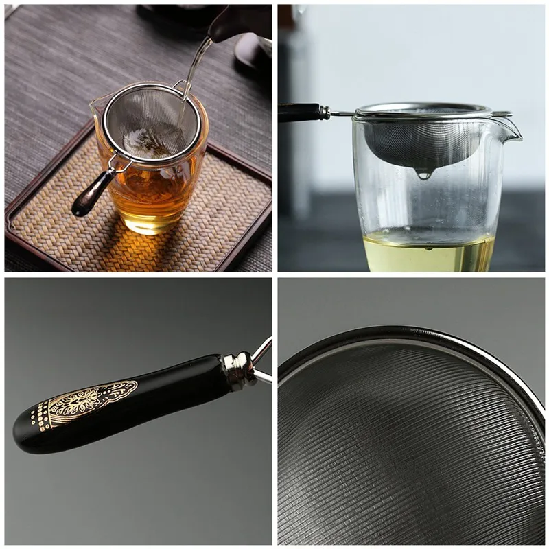 Leaf Tea Filter Ceramic Handle Gongfu Tea Accessories Vintage Chinese Infuser Stainless Steel Dual Mesh Strainer Loose tea infuser tea strainer tea filter