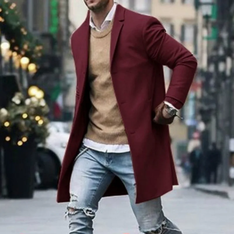 Осенне-зимняя мужская брендовая флисовая куртка, Мужское пальто, повседневное тонкое пальто с воротником, длинный однотонный Хлопковый тренч, уличная одежда - Цвет: wine red