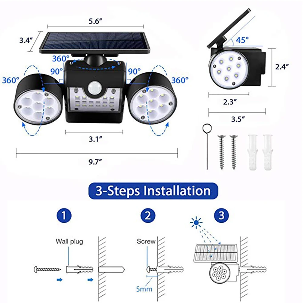 Mpow Waterproof IP65 Solar Lights Outdoor 30 LED 360 Degree Rotatable Dual Heads Security Lights Solar Motion Spotlights Lights (7)