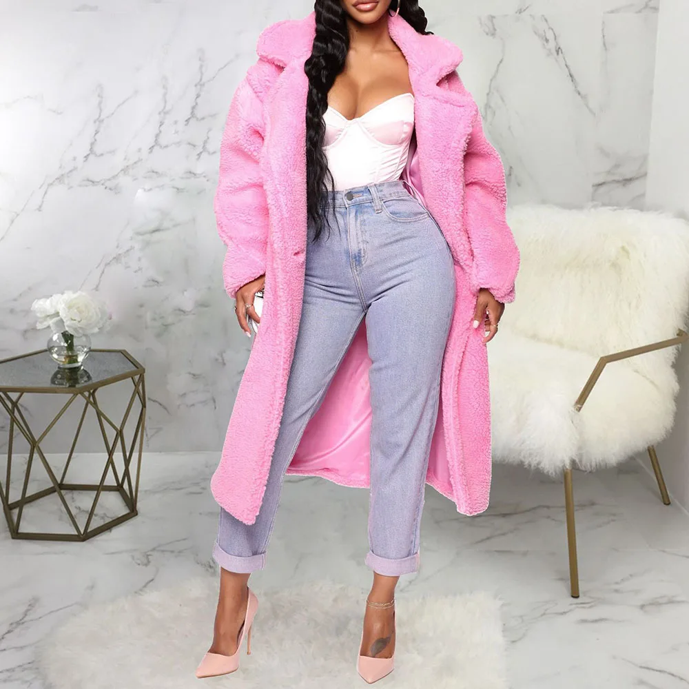 

Pink Long Teddy Jacket Coat Women Winter 2019 Thick Warm Oversize Chunky Outerwear Overcoat Ladies Faux Lambswool Lamb Fur Coats