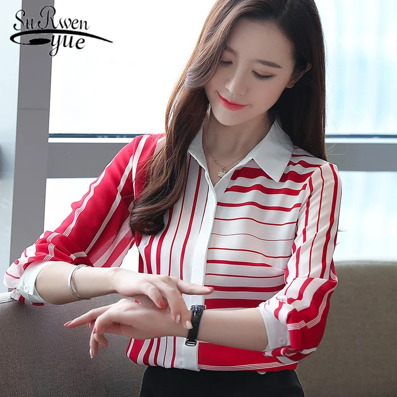  Femal Slim Shirts Striped Shirt Women 2019 Autumn New Korean Women Full Sleeve Shirts Turn-down Col