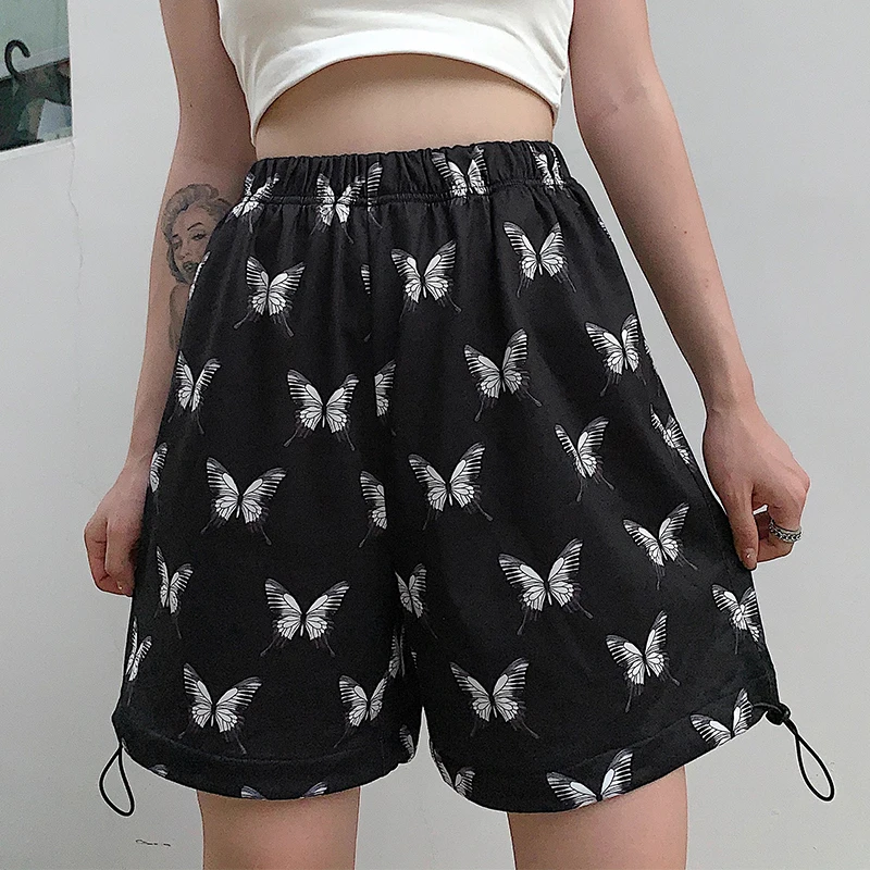 HIGAREDA Butterfly Print Casual Loose Short Pants Women Punk High Waisted Shorts Ladies Streetwear Pockets Summer
