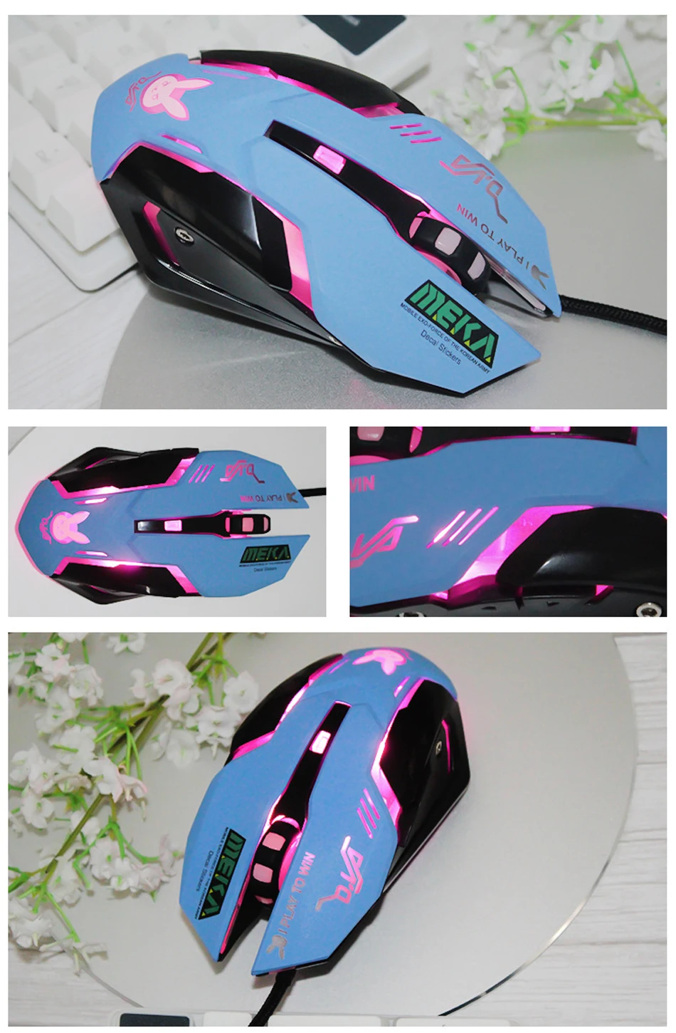 OW DVA Pink Game Office Mouse Girls Light-emitting Competition Chicken Cute Wired Mouse for PC Laptop CF Overwatch