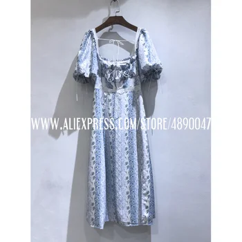 

2020 fall holiday dress floral print bohemian short sleeve sexy party dress Sweet floral high waist puff sleeve dress