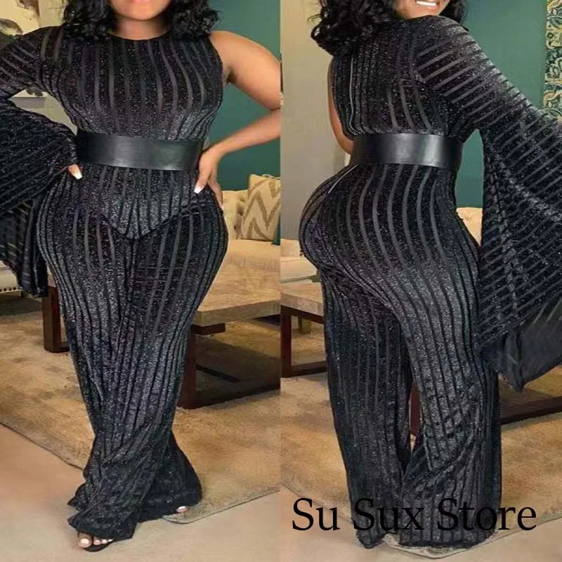 Sexy Jumpsuit Women Rompers Black Striped Sequined Bodycon Single Flare Sleeve High Waist Wide Leg Overalls Partyclub |