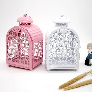 

European Candlestick Pink Moroccan Hollowed-out Carved Wedding Decoration Iron Lantern Candlestick Halloween Christmas