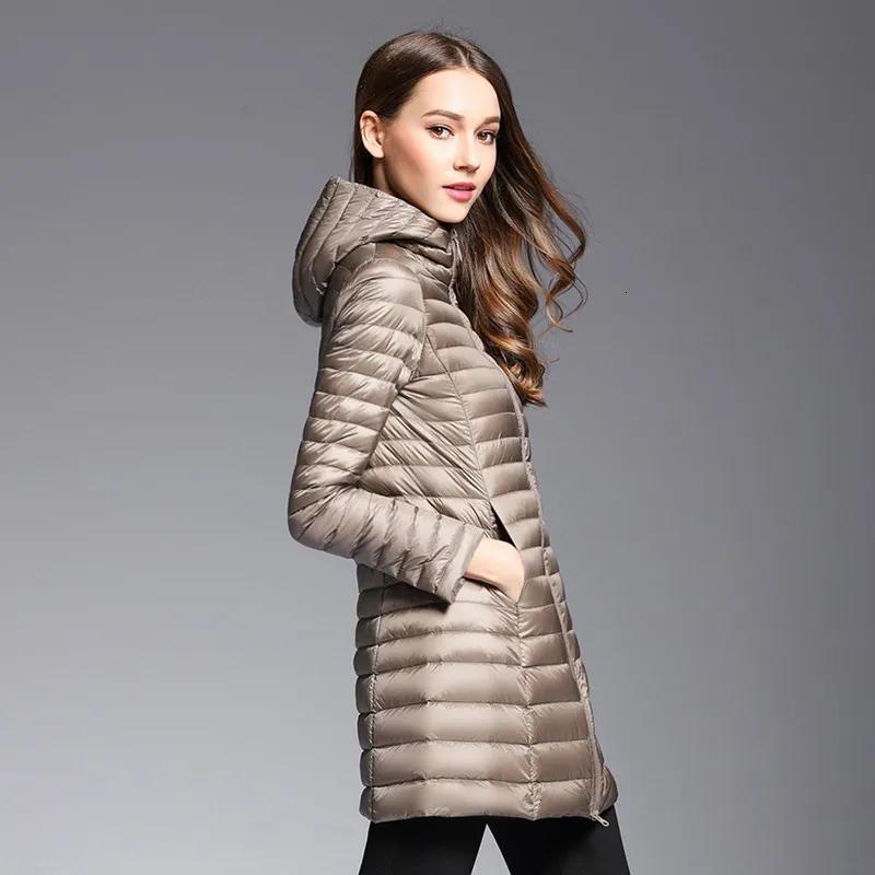 Длинная парка на утином пуху, теплая пуховая куртка для женщин, зимнее пуховое пальто большого размера, ультра-светильник, стеганое пальто с капюшоном, верхняя одежда