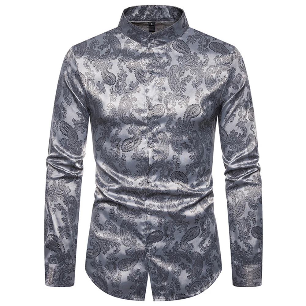 Silver Индийский Стиль Мужская футболка с цветочным принтом с воротником-стойкой, топы с изображением Человека ужин Мода для девочек; модная одежда; модное с принтом Пейсли рубашки Бизнес Повседневное Для мужчин Blusa большой Размеры - Цвет: Silver