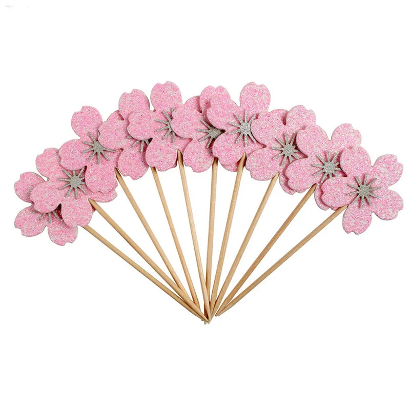 

10Pcs Cute Pink Cherry Cake Toppers Kawaii Glitter Flower Cupcake Toppers For Weddings Birthday Party Cake Decorating Supplies