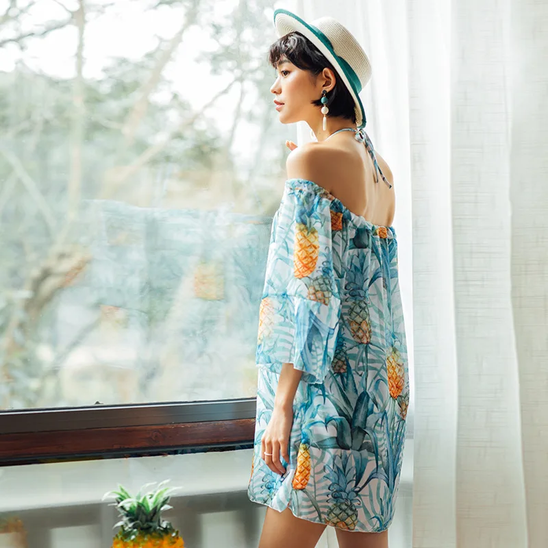

Long Fashion Small Chest Push up Slim Fit Pineapple Printed off-Shoulder Blouse High-waisted Boxer Frilled Bathing Suit WOMEN'S