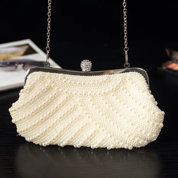 

Women Fashion Evening Bag Pearl String Beaded Luxury Elegant Lady Clutch Purse Metal Frame Diamond Girl Crossbody Shoulder Bag