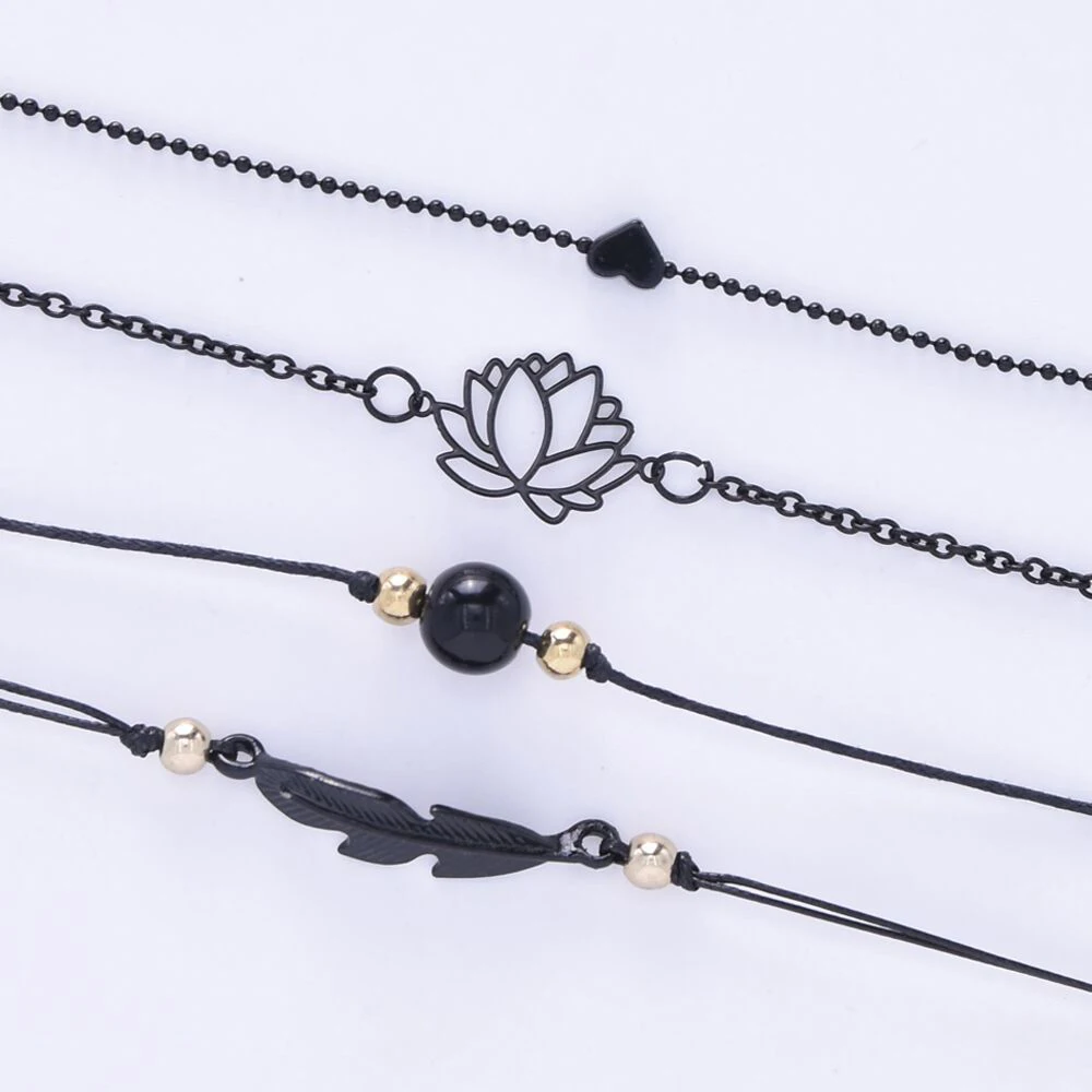Fashion Bracelet 4PCs Gothic Black Feather Lotus Bracelets Set Heart Charm Boho Bangles For Women Wrist Chain For Fashion Bracelet Fashion Jewelry