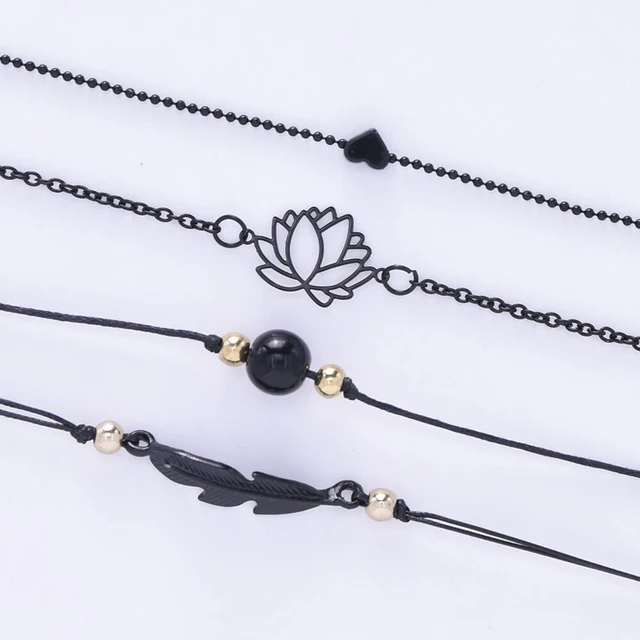 SUMENG 2021 New Fashion 4PCs Gothic Black Feather Lotus Bracelets Set Heart Charm Boho Bangles For
