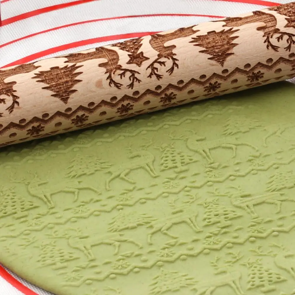 

Christmas Embossing Rolling Pin Baking Cookies Maker Noodle Biscuit Fondant Cake Dough Engraved Roller Reindeer Snowflake Gift