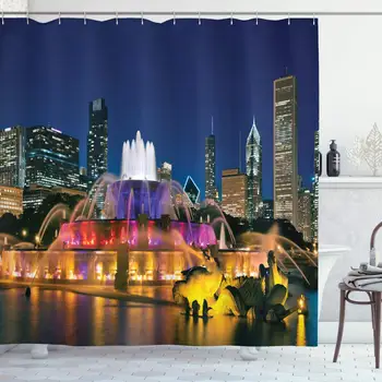 

Chicago Skyline Shower Curtain, Buckingham Fountain Landmark in The Center of Grant Park Vibrant Night, Cloth Fabric Bathroom