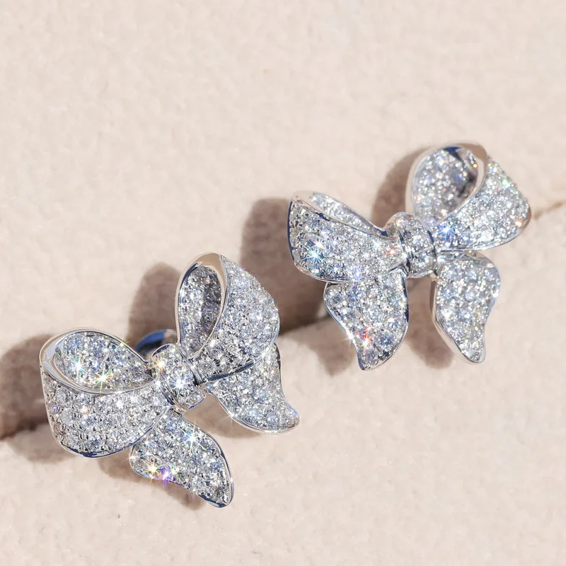 Women Stud Earrings Huitan Romantic Bowknot Full Paved Shiny Crystal Zircon Delicate Girl Accessories Fashion Jewelry
