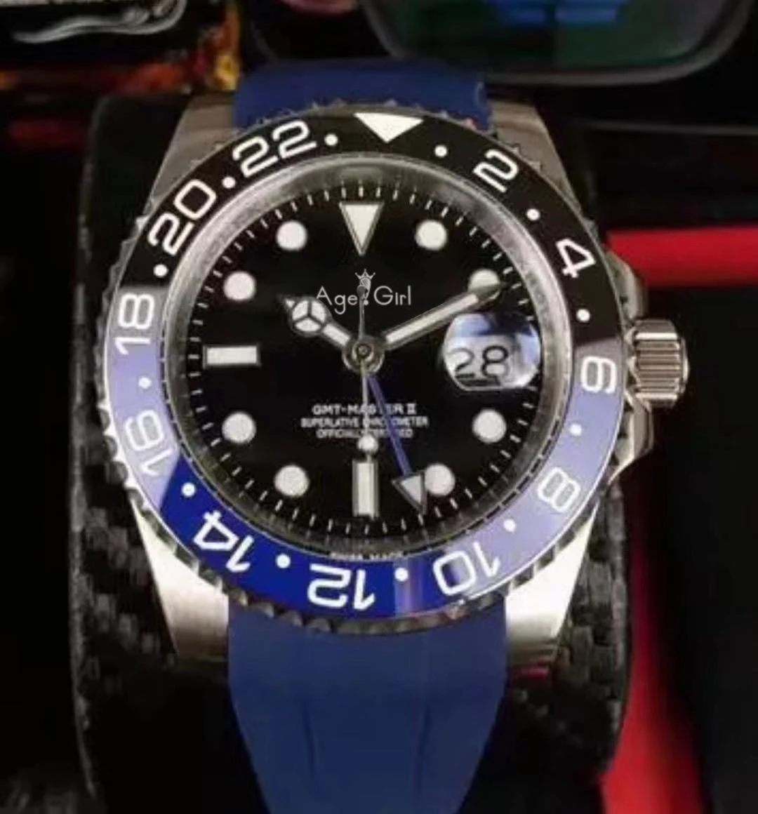 

Luxury Brand New Men Automatic Mechanical Black Rubber Red Blue Ceramic Bezel Stainless Steel Sapphire Sport GMT Watch Master