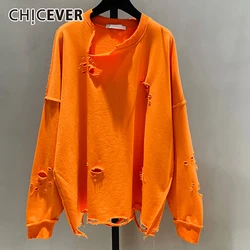 CHICEVER Hole Sweatshirts For Women O Neck Long Sleeve Loose Oversized Asymmetric Designer Pullovers Female 2022 Autumn Clothing