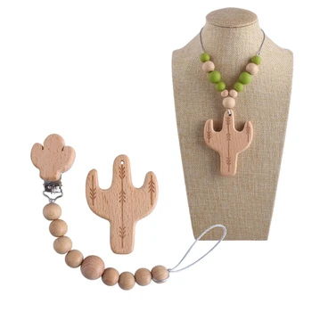 

Baby Organic Wooden Teether Natural Teething Toy Silicone Bead Teething Necklace Newborn Pacifier Clips Soother Chain