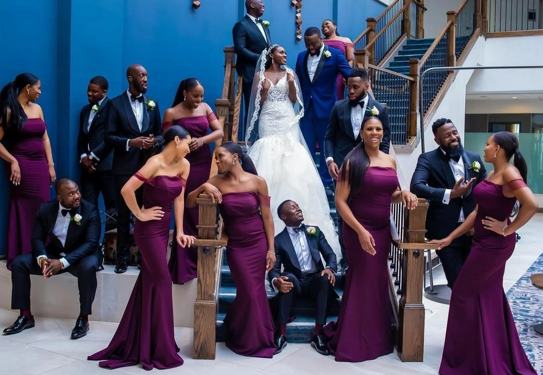 

Elegant Long Satin Mermaid Grape Bridesmaid Dresses Custom Made Lace Up Off Shoulder Formal Wedding Party Dresses