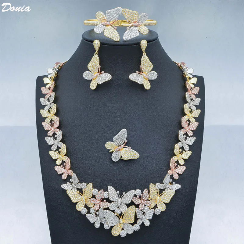 

Donia jewelry Luxury best selling AAA zircon plating 18K tricolor gold exaggerated butterfly collar necklace bracelet earrings