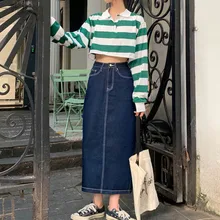 Раздельные длинные джинсовые юбки, женские элегантные джинсовые юбки с карманами, осенние корейские винтажные сексуальные макси юбки с запахом, большие размеры, повседневные V632