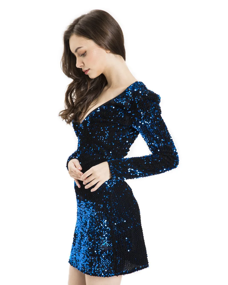 Коктейльные Вечерние платья с синими блестками, сексуальные вечерние платья с v-образным вырезом, короткое платье для выпускного вечера, OSS-18600
