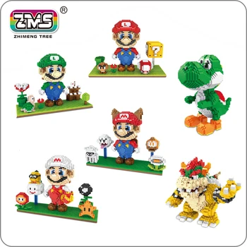 

ZMS Game Super Mario Luigi Yoshi Bowser Fire Tanooki Mario 3D Model Mini Building Diamond Small Blocks Toy Flower Coin no box