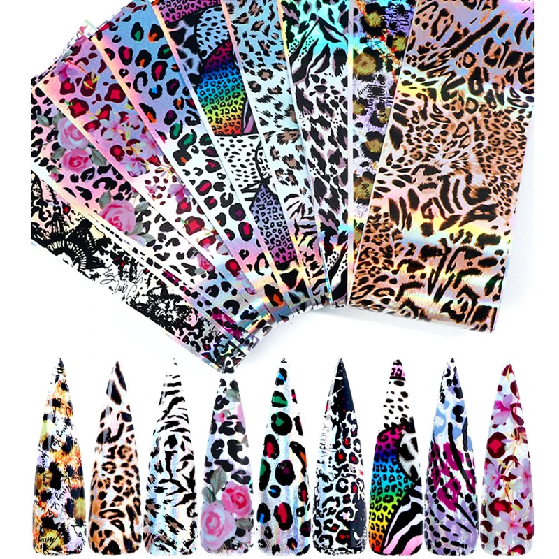 

10 Pcs/Set Leopard Nail Foils 20*4cm Nail Art Transfer Stickers Water Decals Nails Transfer Paper DIY Nail Design Decorations