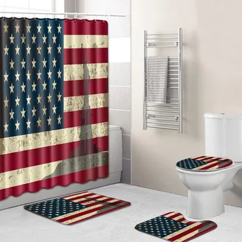 

ONGLYP 4pcs Bathroom Curtain Set 3D American Flag Shower Curtains with Hooks Non Slip Bath Mat Toilet Cover Rugs Mat Home Decor