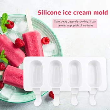 

4 Grids Silicone DIY Ice Cream Mould Ice Cube Candy Fondant Popsicle Home DIY Silicone Maker Dessert Mold with Popsicle Stick