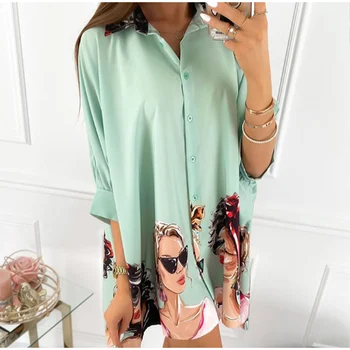 

Sunglass Girl Print 3 Quarter Sleeve Women Long Shirt Turn Down Collar Casual Loose Ladies Tops 2020 Autumn Female Tunic Blusas