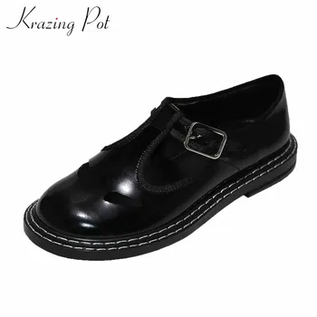 

Krazing pot solid genuine leather vintage Mary janes shoes round toe cozy low heels young lady daily wear preppy style pumps L35