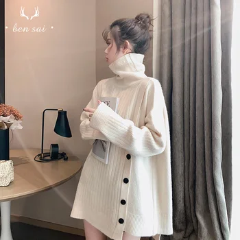 

Women Spring Fashion Mid-long Sweater Ladies Casual Loose Lazy Wind Turtleneck Pullover Female Pure Color Thicken Sweaters New