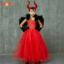 Злой Алый Красный нарядное платье-пачка с рогами и крыльями для девочек, детское платье ведьмы, дьявола, демона, костюм на Хэллоуин, платье класса де-Люкс, платье