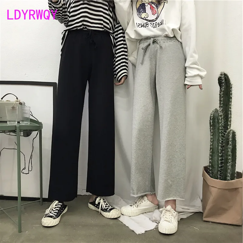 

[LDYRWQY] Fall / Winter Fall Sense Wide Leg Pants Women's High Waist Straight Hemming Looseness Loose Sports Casual